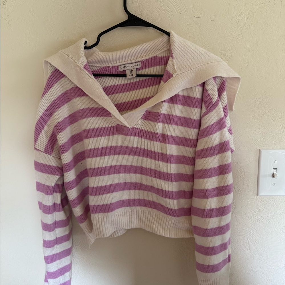 Sincerely Jules Purple and Cream Striped V-Neck Sweater